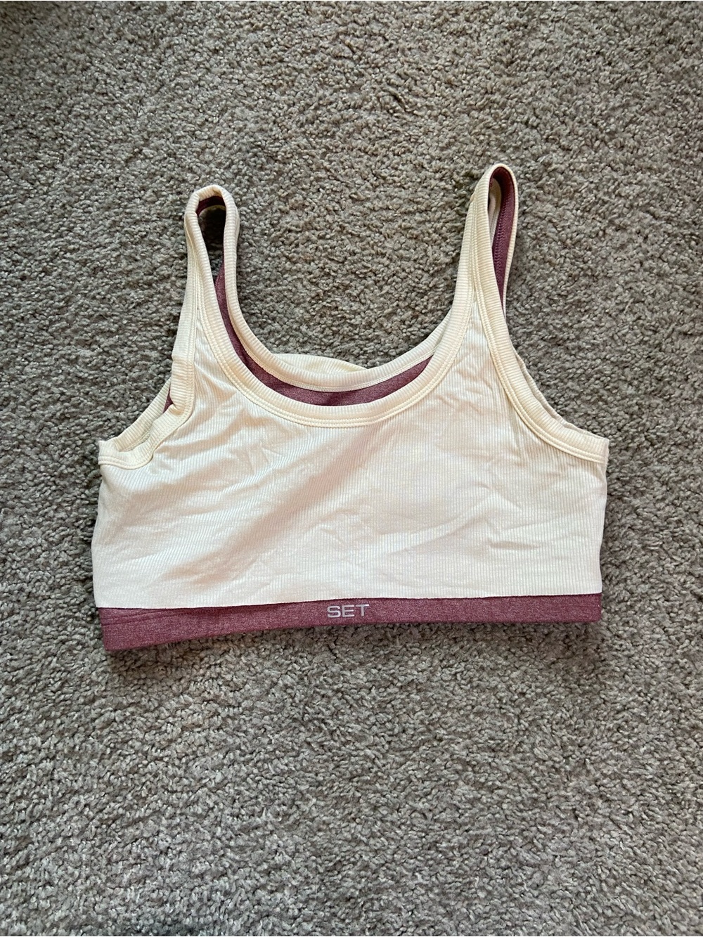 SET Active Two-Tone Ribbed Sports Bralette in Cream and Mauve
